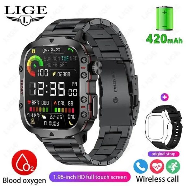 LIGE Bluetooth Calling Rugged Smartwatch Hello Black