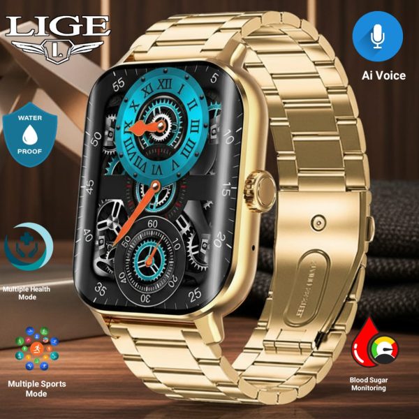 New 2.02-inch curved screen Sports Men's Smart Watch Bluetooth call blood glucose monitoring (Golden)