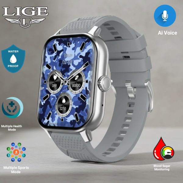 New 2.02-inch curved screen Sports Men's Smart Watch Bluetooth call blood glucose monitoring (Silver)