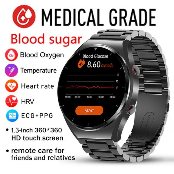 New Noninvasive Blood Gloucose ECG+PPG Men Heart Rate Blood Oxygen Health Waterproof Sport Smartwatch