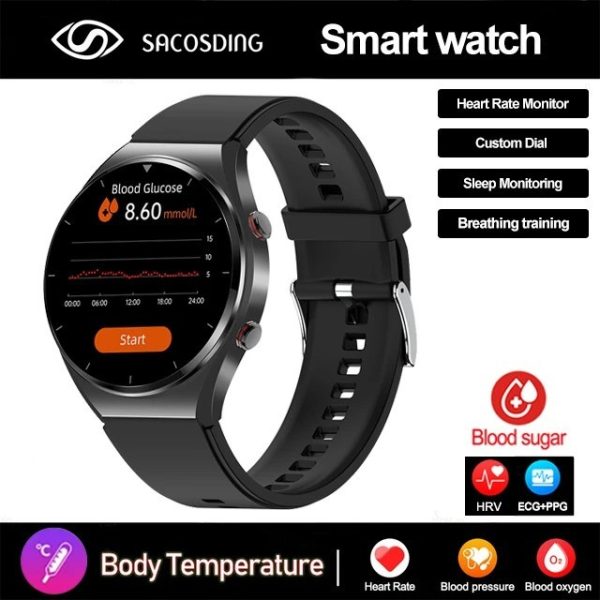 New Noninvasive Blood Gloucose ECG+PPG Men Heart Rate Blood Oxygen Health Waterproof Sport Smartwatch