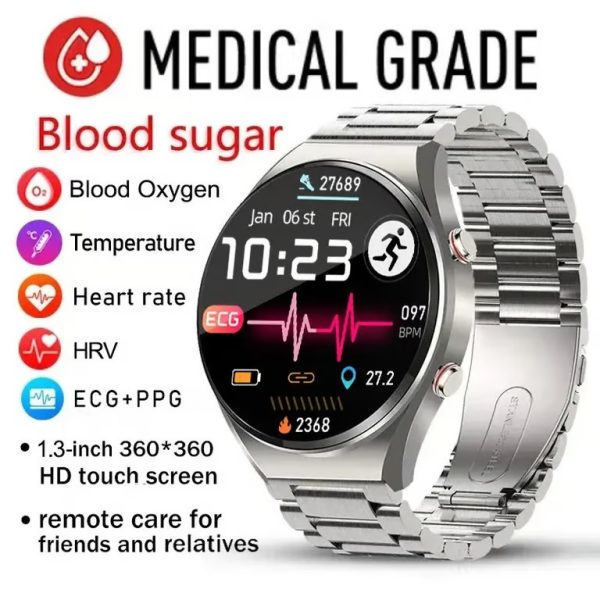 New Noninvasive Blood Gloucose ECG+PPG Men Heart Rate Blood Oxygen Health Waterproof Sport Smartwatch Silver