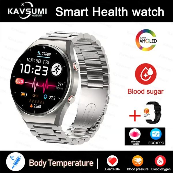 New Noninvasive Blood Gloucose ECG+PPG Men Heart Rate Blood Oxygen Health Waterproof Sport Smartwatch Silver