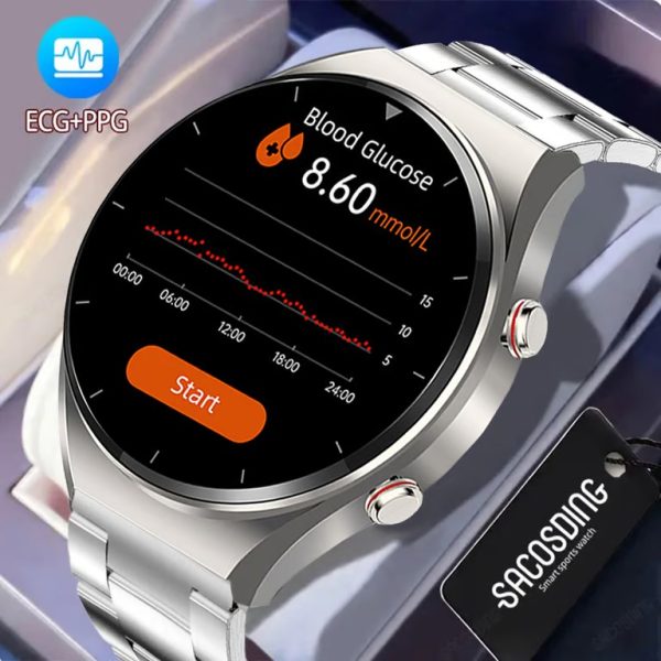 New Noninvasive Blood Gloucose ECG+PPG Men Heart Rate Blood Oxygen Health Waterproof Sport Smartwatch Silver