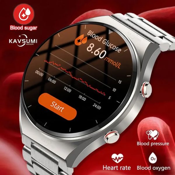 New Noninvasive Blood Gloucose ECG+PPG Men Heart Rate Blood Oxygen Health Waterproof Sport Smartwatch Silver