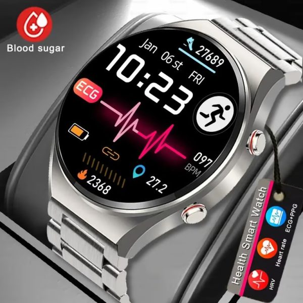 New Noninvasive Blood Gloucose ECG+PPG Men Heart Rate Blood Oxygen Health Waterproof Sport Smartwatch Silver
