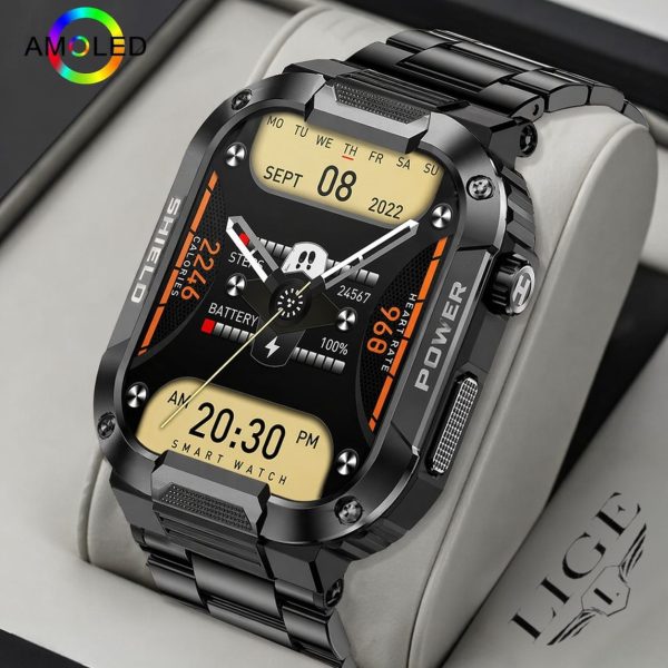 Premium Rugged Smartwatch with Bluetooth Call & AMOLED Display – Full Metal Design Health Tracking Long Battery Backup