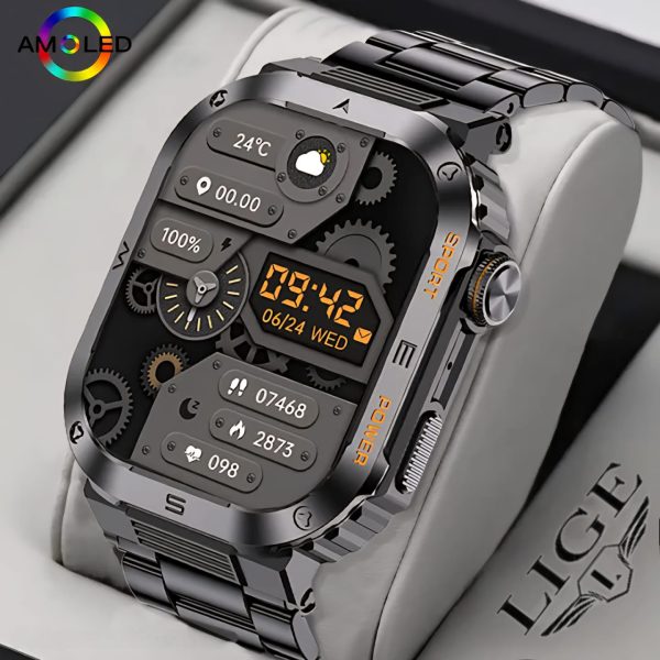 Premium Rugged Smartwatch with Bluetooth Call & AMOLED Display – Full Metal Design Health Tracking Long Battery Backup