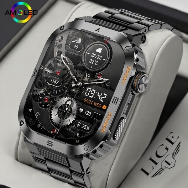 Premium Rugged Smartwatch with Bluetooth Call & AMOLED Display – Full Metal Design Health Tracking Long Battery Backup